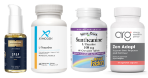 A selection of L-theanine supplements in capsule and chewable form for stress relief and mental clarity support.